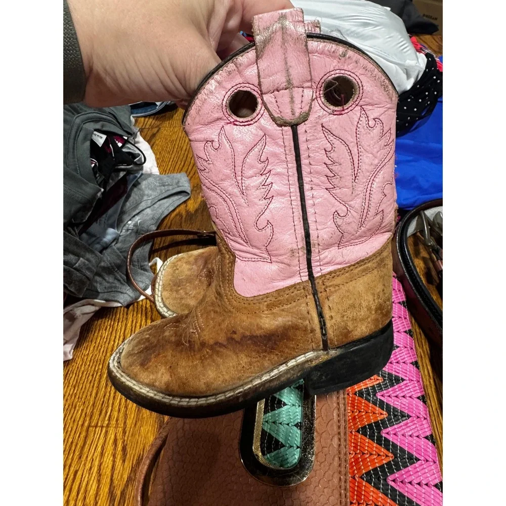 Old West Toddler Girls Pink Brown Leather Cowboy Boots BS1839 Size 7D